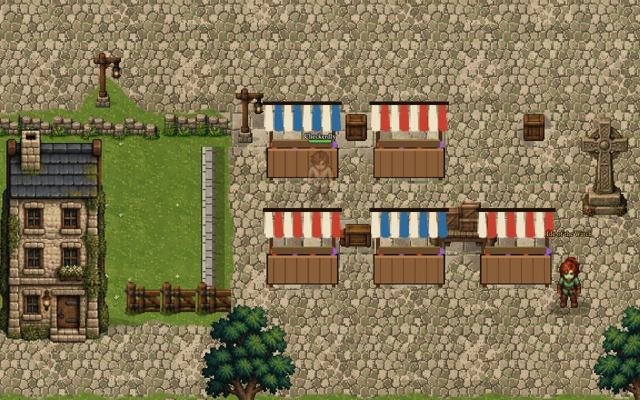 Dunhallow's market square with striped stalls and a stone townhouse