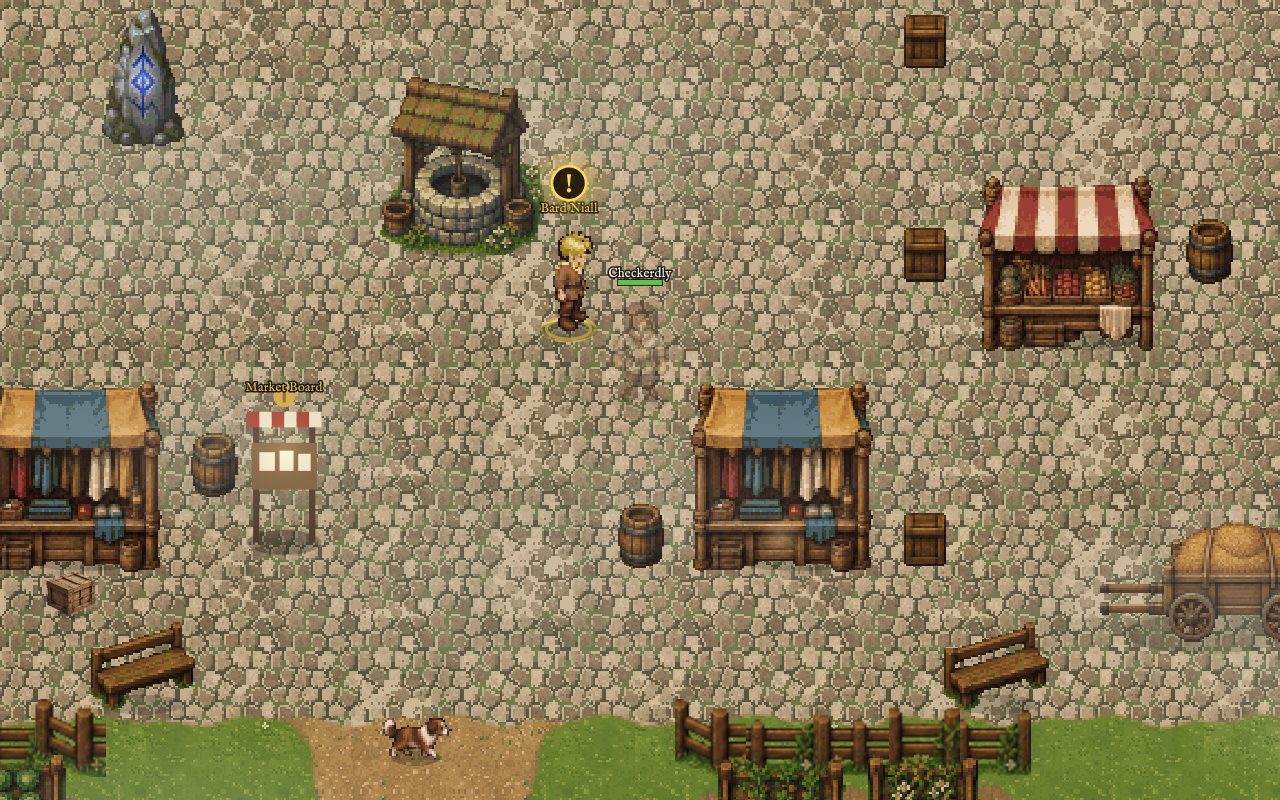 Greenhollow's cobbled square with market stalls, a well and a standing stone