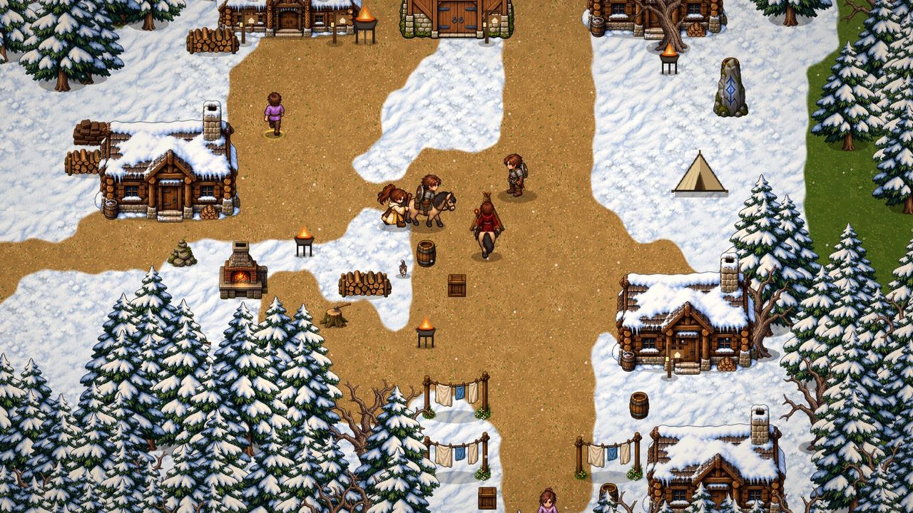 Snow falling on Winterhearth, the last town before the Frostmere ice