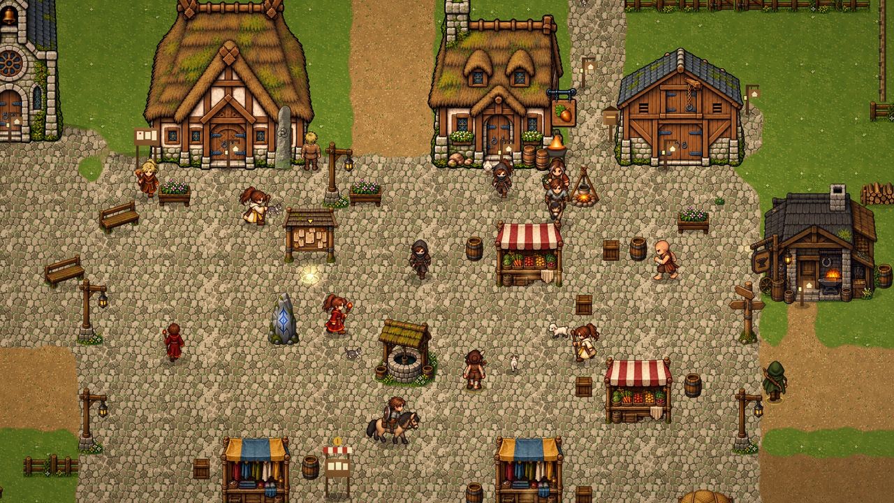 Market day on the Greenhollow square in the last of the evening sun