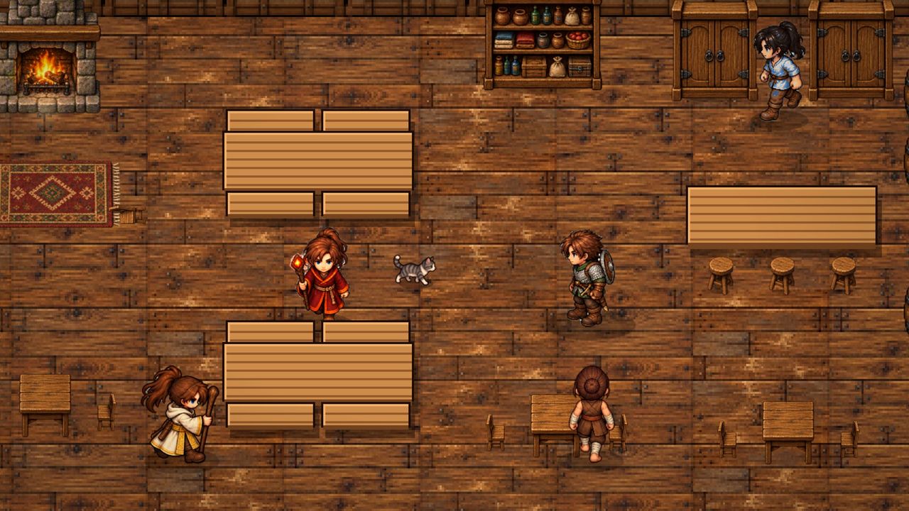 Players by the fire in the common room of the Acorn inn