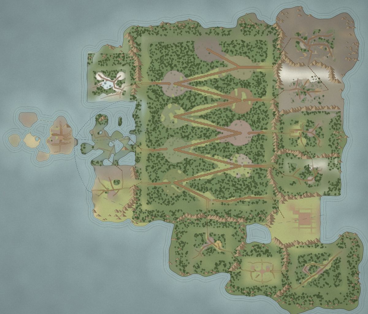 The painted world map of Hallowmyr: a wooded mainland crossed by roads, with isles to the west